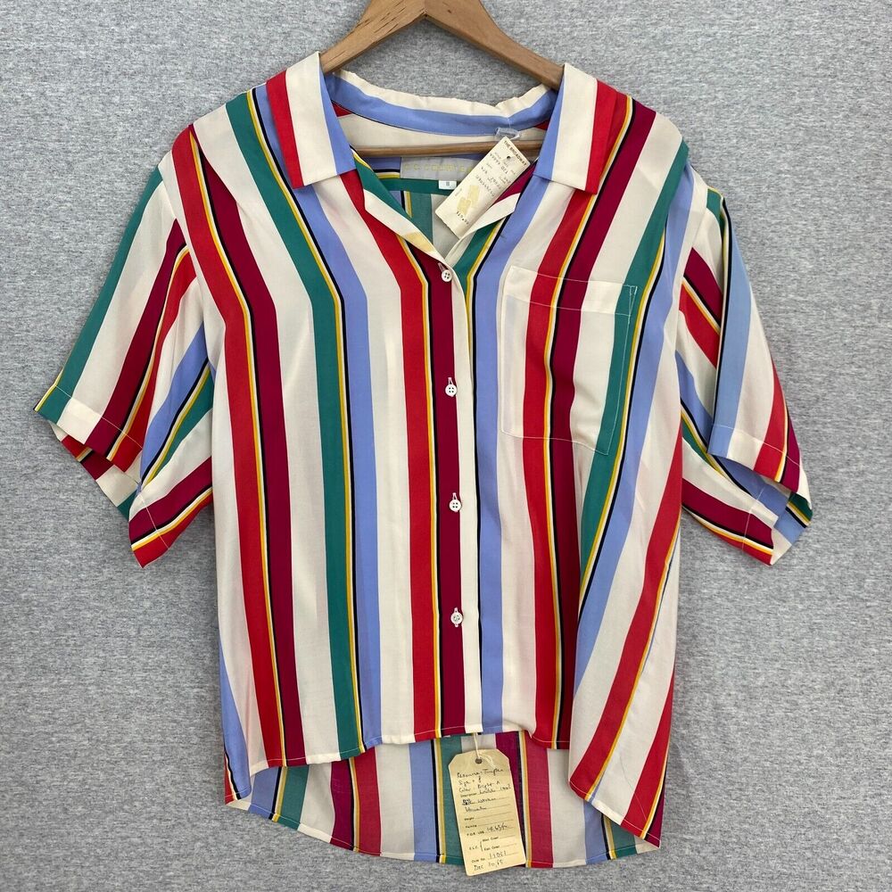 Vintage CC Courtenay Blouse Womens 8 Multicolored Strips Silk Short Sleeve